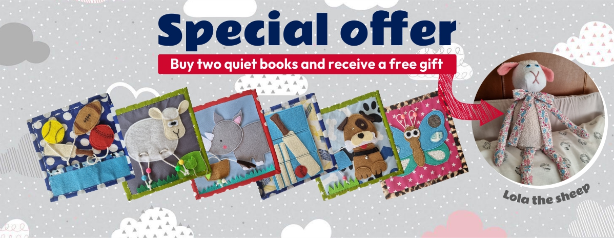 Example of quiet book pages with special offer Lola the sheep soft toy